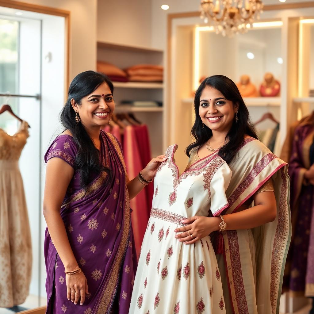 Tailor showing finished dress to customer